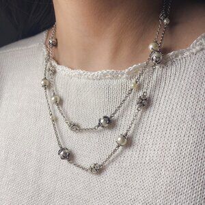 Brighton Atma 40" Faux Pearl Crystal Rhinestone Station Silver Chain Necklace